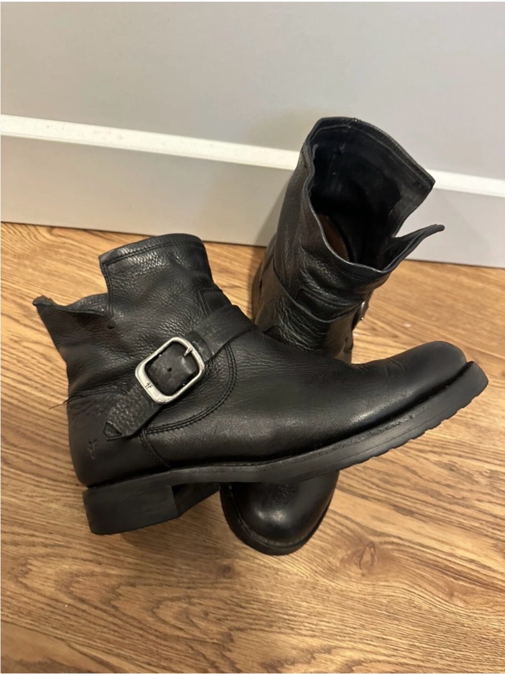 Frye Black Leather Engineer Combat Boots with Silver Buckle